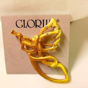 CHRISTMAS Trumpet Angel Brooch Gold Tone Rhinestones Pendant